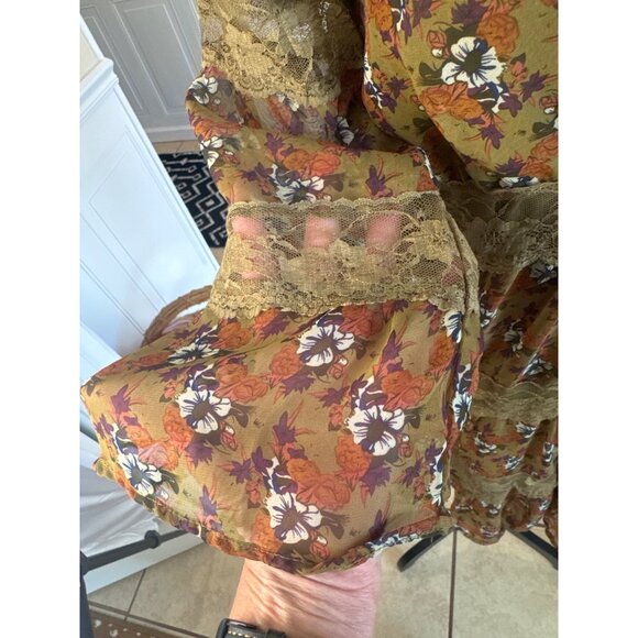 Anthropologie Blue Bird Boho Chic Sheer Floral Lace Dress M 3 tier Cottage Core - Picture 8 of 10